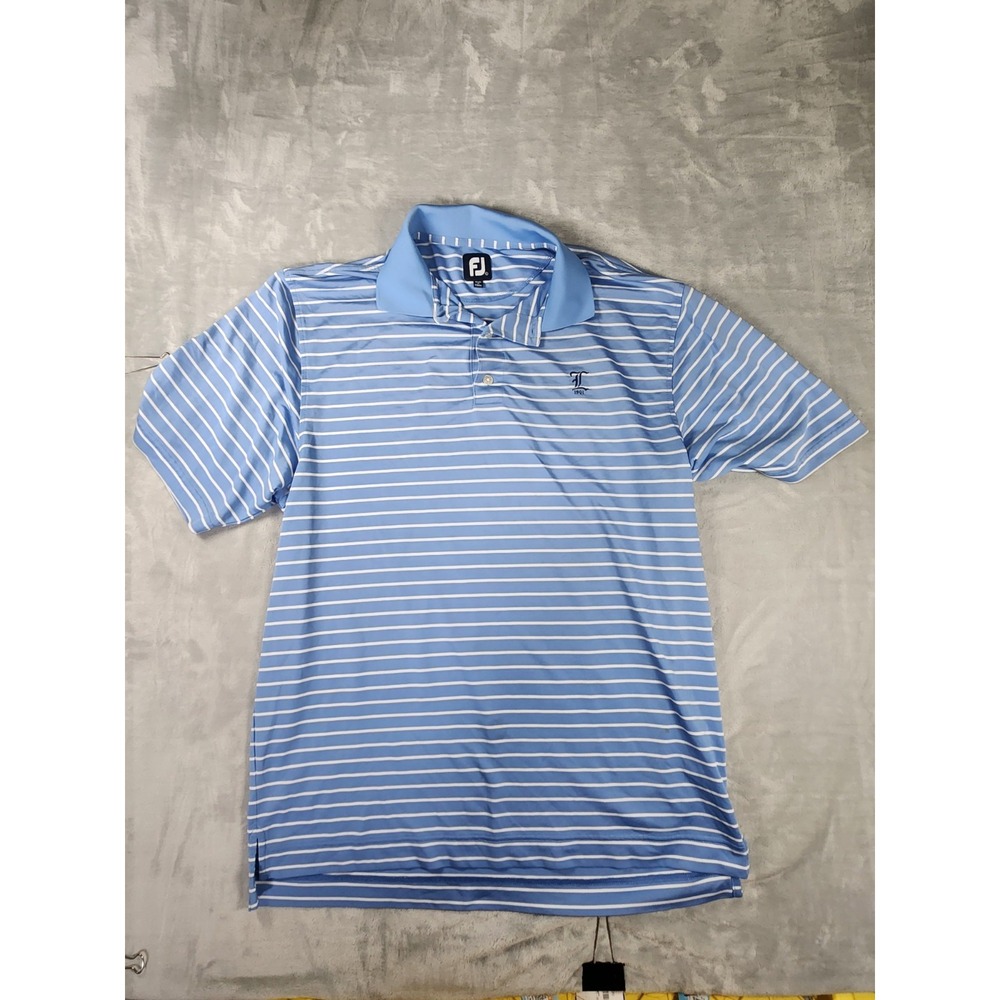 Golf Polo Shirt Men Size L Blue Striped FootJoy Logo Embroidered